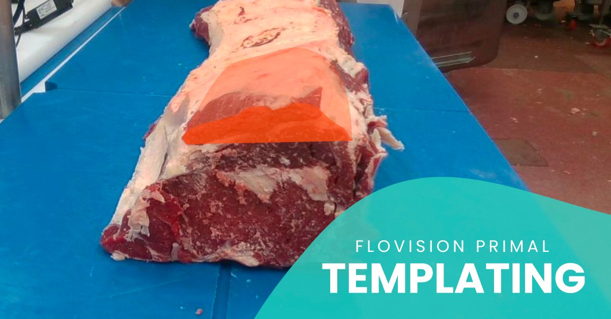 Beef striploin primal with the excess height highlighted in orange and a blob overlay that says "FloVision Primal Templating"