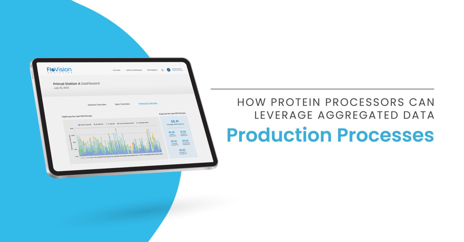 FloVision Analytics on an iPad over a blob shape with the title "How Protein Processors Can Leverage Aggregated Data: Production Processes"