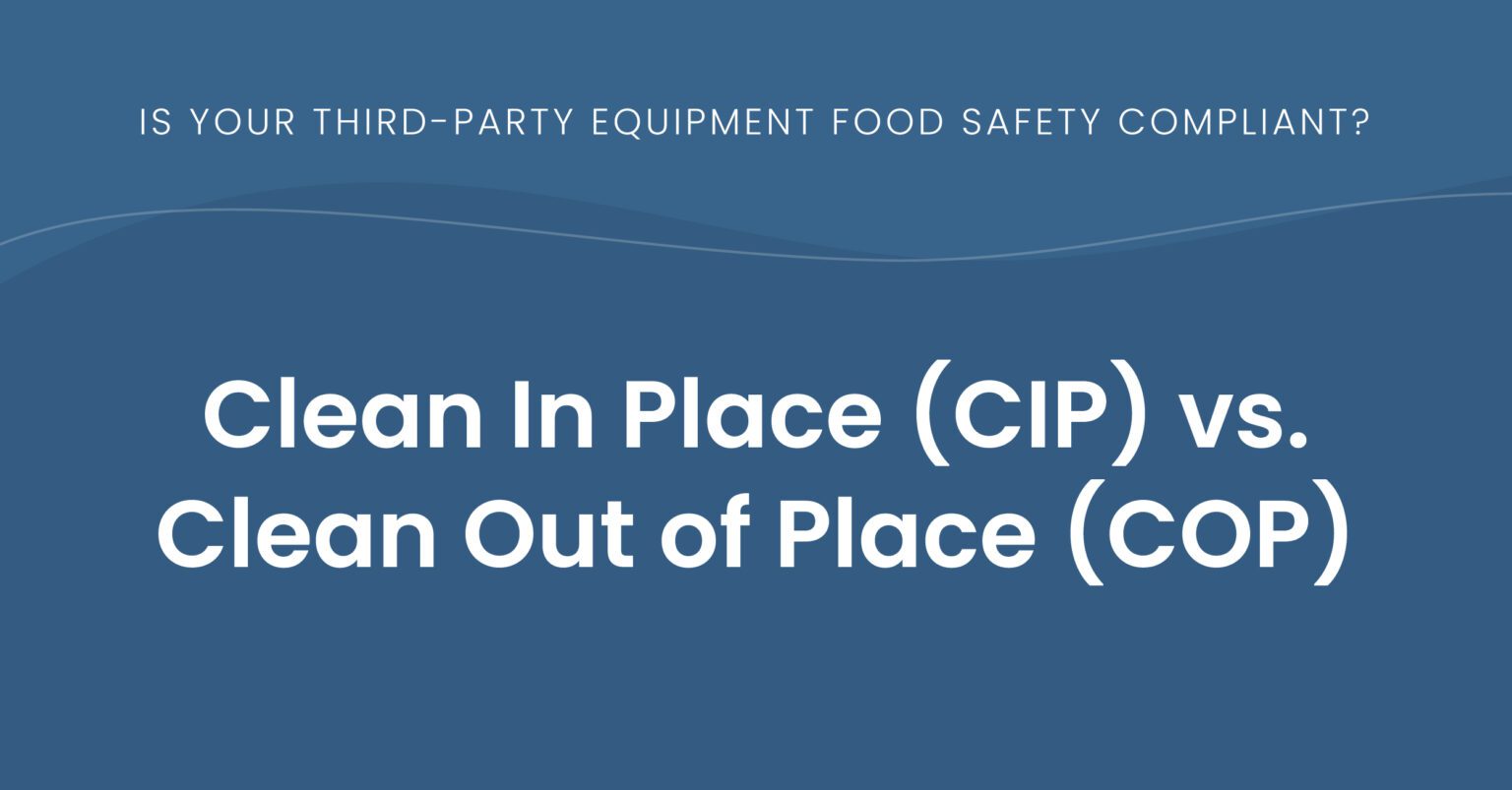 Text over a blue wavy background that says, "Is Your Third-Party Equipment Food Safety Compliant? Clean In Place (CIP) vs. Clean Out of Place (COP)"