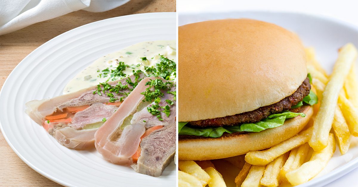 Plate of head meat, a French delicacy, and a thin burger with fries side-by-side