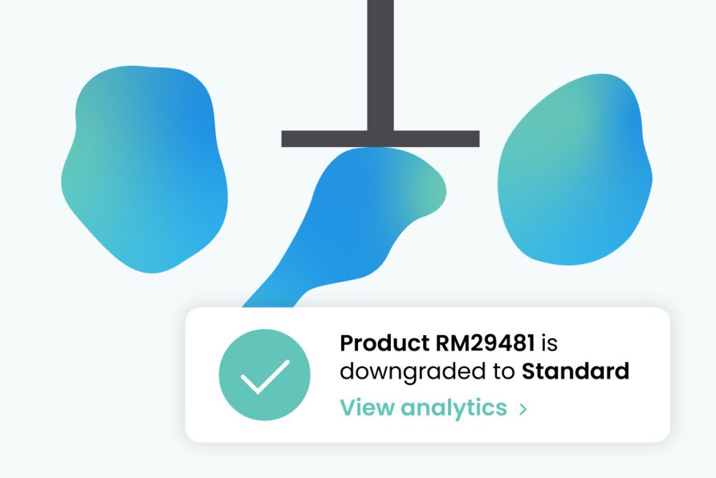 Three multicolored blobs are next to each other in a line. The middle blob is getting pushed out of the line by a mechanical arm. An alert says, "Product RM29481 is downgraded to Standard, view analytics"