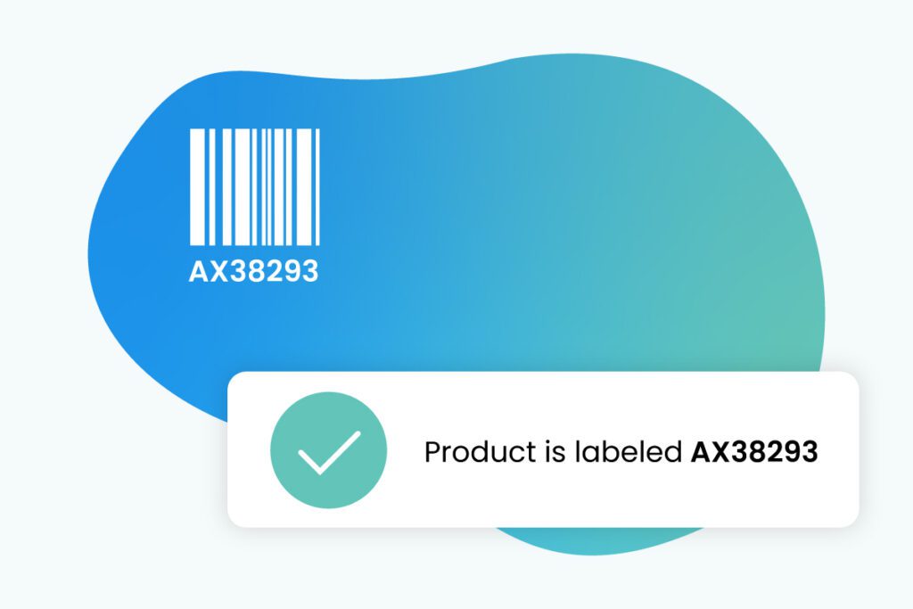 Multicolored bob with a barcode reading "AX38293". An alert says, "Product is labeled AX38293"