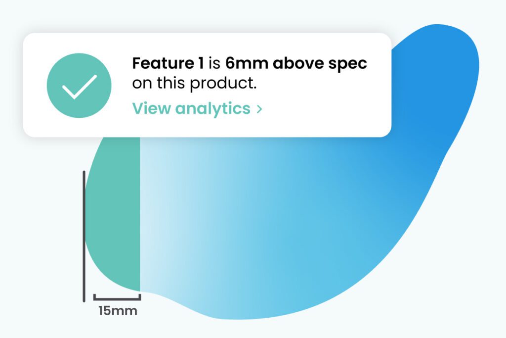 Multicolored bob with the edge highlighted in teal and measured just over 15mm. An alert says, "Feature 1 is 6mm above spec on this product, view analytics"