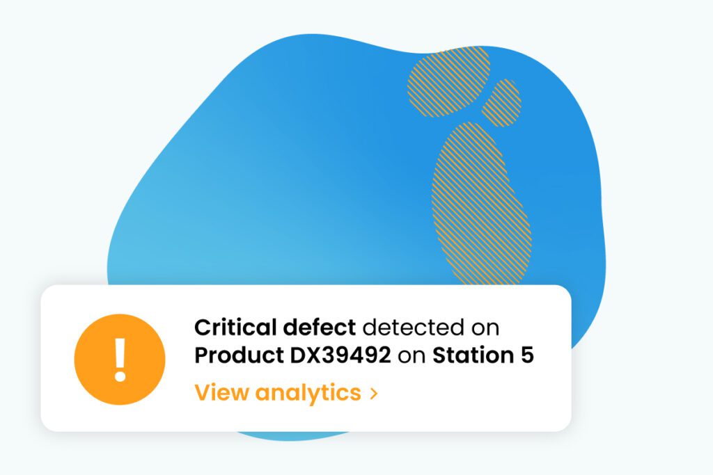 Multicolored bob with diagonal lines over small areas indicating a defect. An alert says, "Critical defect detected on Product DX39492 on Station 5, view analytics"