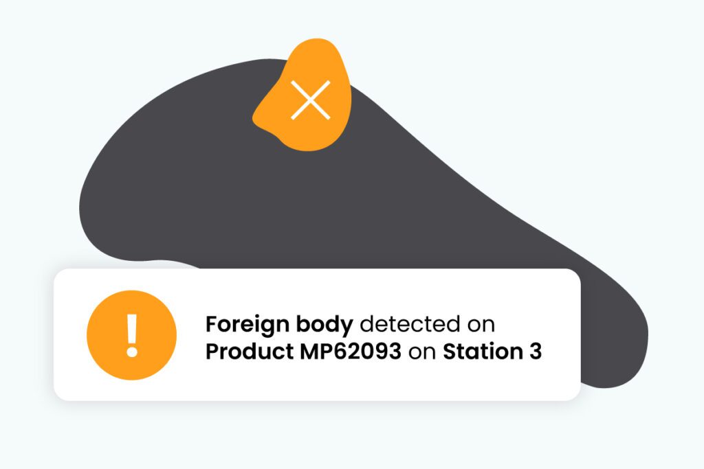 Gray blob partially covered by an orange blob with an x through it. An alert says, "Foreign body detected on Product MP62093 on Station 3"